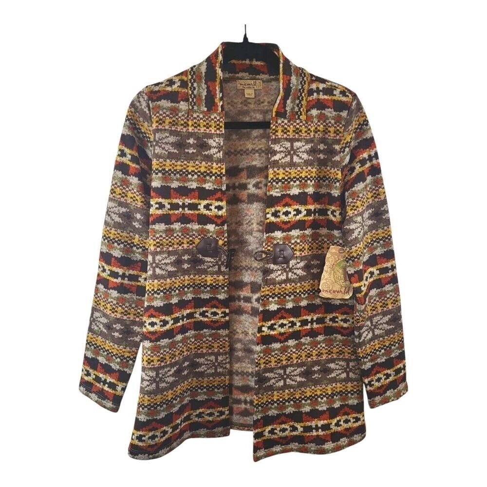 One World Womens L 12 New Aztec Print Jacket- Western Festival Boho Cardi Multi